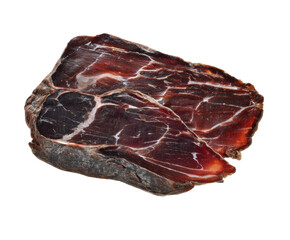 Savory cured ham cut displayed on rustic surface on a transparent background, cut out