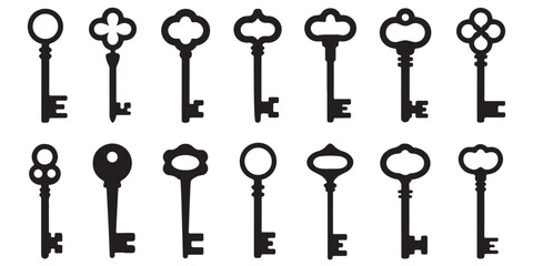 Collection of black vector various Keys Silhouettes, 