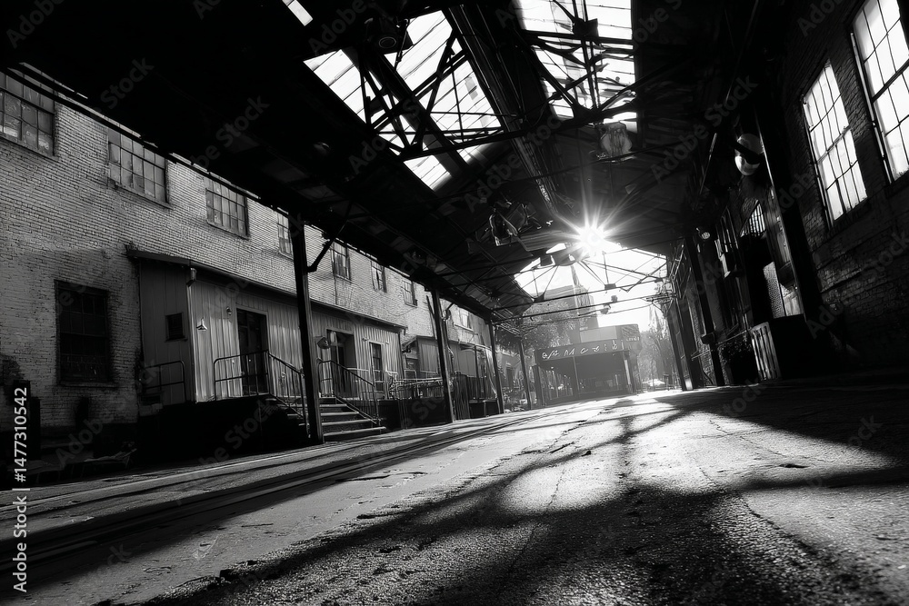 Aufkleber sunlight filters through an abandoned warehouse creating dramatic shadows on the empty floor in an i