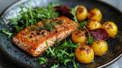 Pan-seared salmon fillet with roasted cherry tomatoes and greens