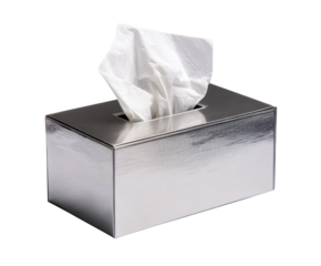 Silver tissue box for home or office use with textured design on a transparent background, cut out