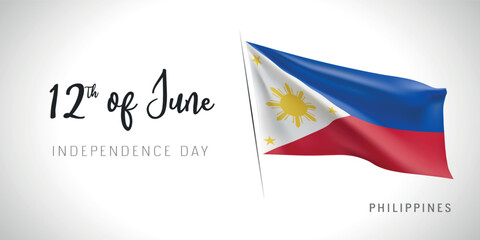 Philippines independence day vector banner, greeting card. Philippino wavy flag in 12th of June patriotic holiday horizontal design with realistic flag