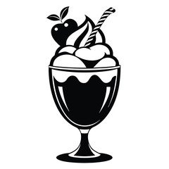 Stylized Black Silhouette of Ice Cream Sundae with Cherry Topping and Straw