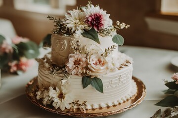 Fototapeta premium Elegant wedding cake decorated with flowers at a rustic venue during a spring celebration