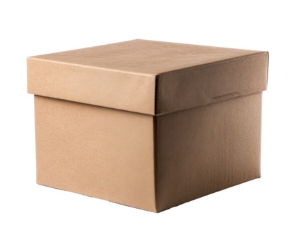 Brown cardboard box for storage and shipping purposes on a transparent background, cut out