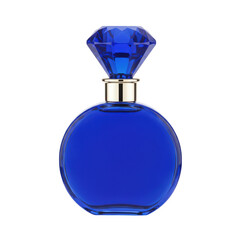 Cobalt blue glass perfume bottle with a diamond-cut stopper, centered on a dark background