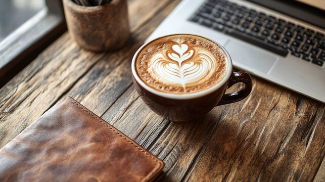 A barista-style coffee shop table featuring open laptop, latte with foam art, and leather-bound notebook. Rich wood and warm tones set the scene