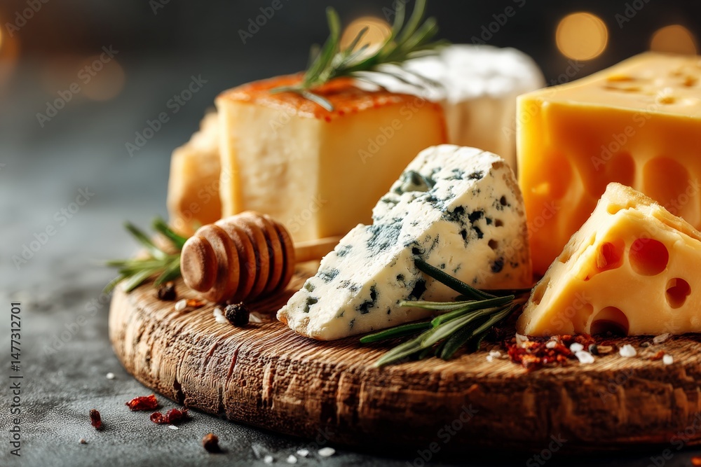 Poster assorted cheese platter featuring various types of cheese garnished with herbs and honey on a wooden