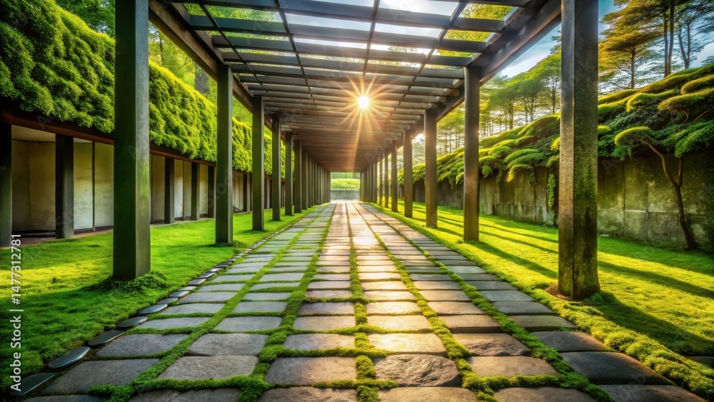 Poster serene pathway through a sun-drenched garden with lush greenery and a stone walkway under a modern p