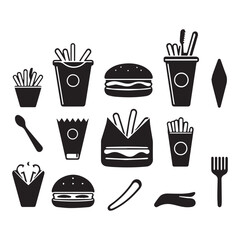 Black and White Fast Food Icons Isolated on Transparent PNG Background Ideal for Food Menu Designs or Restaurant Branding