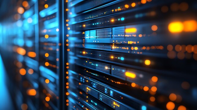 Futuristic data server with glowing lights and digital patterns.