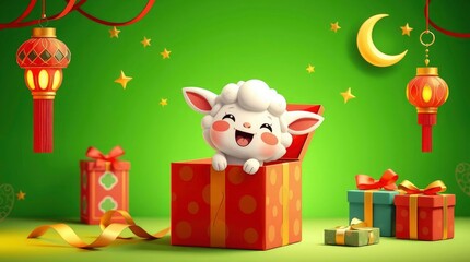 Naklejka premium A cheerful cartoon sheep joyfully pops out of a gift box, amidst a festive green backdrop.