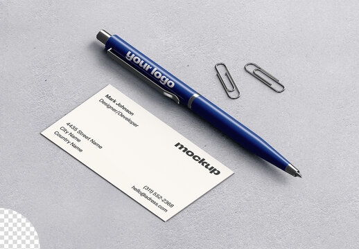 Mockup of Professional Business Card with Pen Isometric Layout View