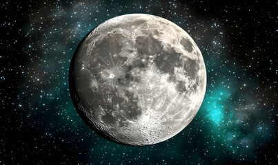 Fototapeta premium Detailed close-up of the moon against a backdrop of vibrant teal nebula and twinkling stars, offering a celestial view perfect for science, space, or astronomy-related projects.
