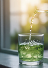 Fresh cold water splashing and pouring into a clear glass, creating refreshing bubbles