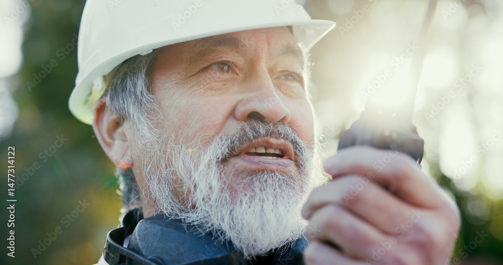 Aufkleber building, radio and thinking with developer man outdoor on excavation site as construction worker. c