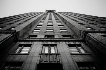 Obraz premium Architectural perspective of a tall building reaching towards a cloudy sky captured from the ground in a city