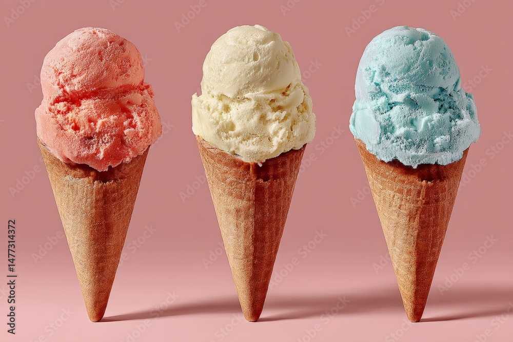 Poster colorful ice cream cones arranged in a row showcasing vibrant flavors and appealing textures against