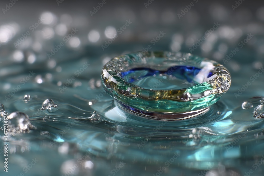 Poster Colorful droplet creating ripples on water surface in a serene indoor setting with soft light reflections