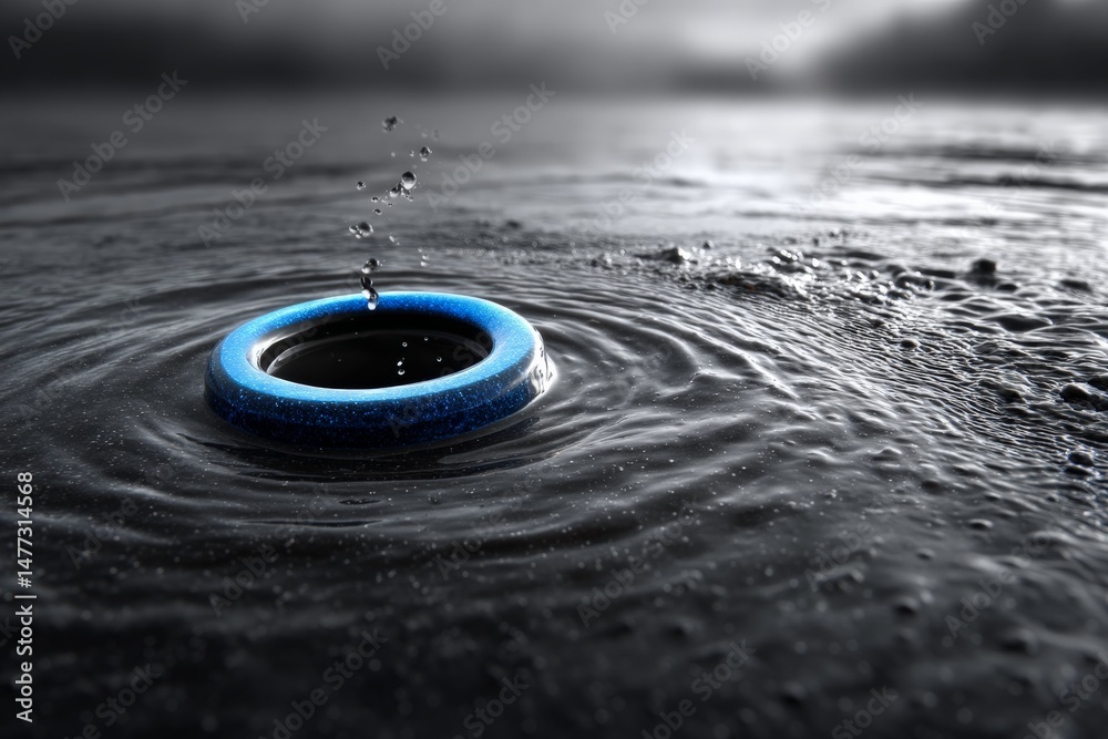 Aufkleber water ripples around a blue circular object in a dark, moody environment reflecting a serene atmosph
