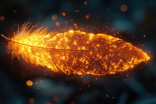 Legendary phoenix feather, burning golden edges with ember trails, floating in air, symbolic feather set, macro texture, soft ambient style, spiritual animal symbolism
