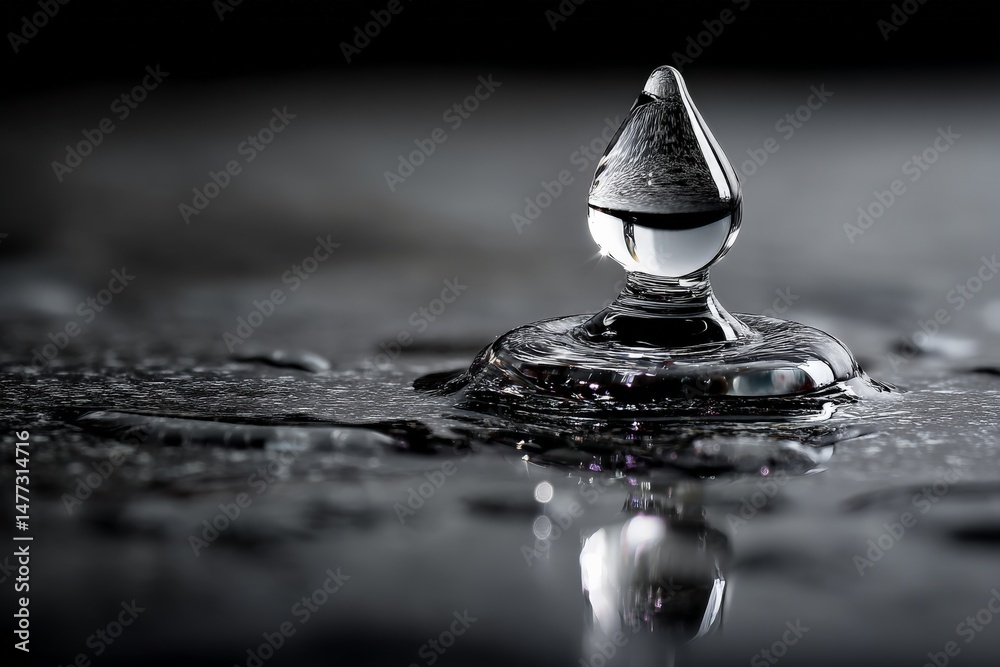 Poster Beautiful water droplet forms on a smooth surface capturing reflections and light