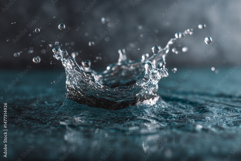 Aufkleber capturing the elegance of water droplets splashing in a serene blue setting at dusk