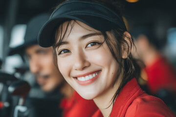 a medium shot of a japanese woman selecting a golf club from her bag at an indoor golf facility, preparing for her session.