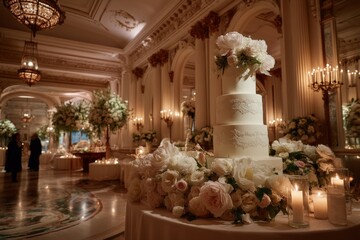 Elegant wedding reception featuring a stunning floral cake display with soft lighting and luxurious decor in a grand venue