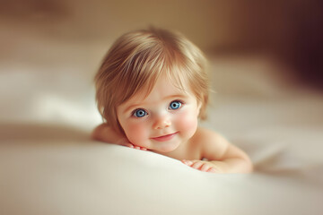 Adorable Smiling Baby with Bright Blue Eyes on Soft Bedspread, Capturing Pure Joy and Innocence