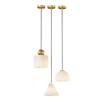 Three white light bulbs hanging from a ceiling