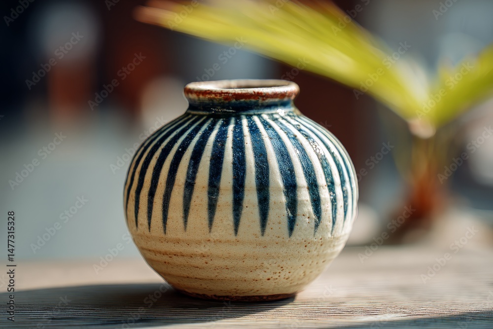 Poster decorative ceramic vase with striped patterns displayed in a sunlit setting surrounded by green foli