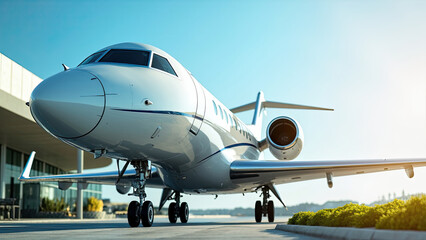 Sleek private jet resting on the tarmac with the bright clear blue sky