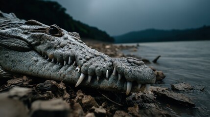Crocodile head on riverbank