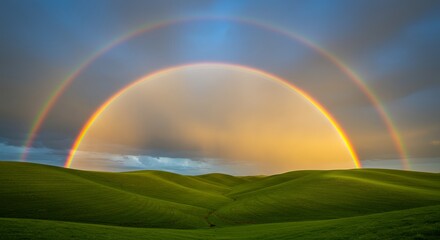 Naklejka premium Double Rainbow Over Green Hill