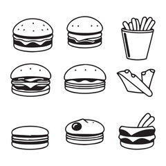 Black and White Fast Food Icons Isolated on Transparent PNG Background Ideal for Food Menu Designs or Restaurant Branding