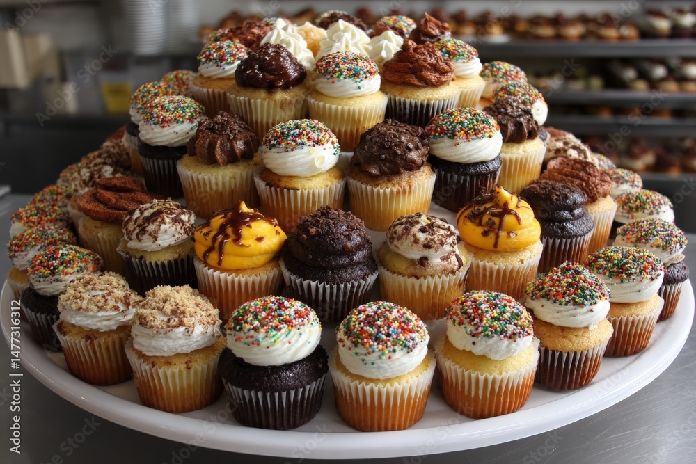 Poster cupcake tower displaying a variety of colorful treats in a bakery during a festive event