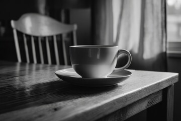 Fototapeta premium Warm cup of coffee on a wooden table in a cozy room during morning light