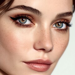 Fototapeta premium Close up of a Woman's Face with Beautiful Makeup and Freckles. A Detailed Look at Eyes, Eyebrows, and Skin Texture.