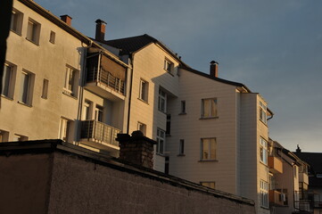 Residential building. bottom view. Modern apartment building on a sunny day. Facade of a modern apartment building.