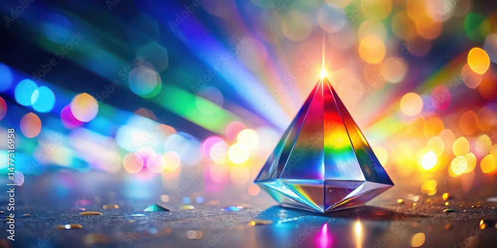 Poster illuminated prism reflecting a kaleidoscope of vibrant hues on a dark surface