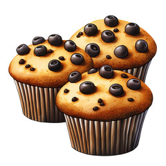 Three golden brown blueberry muffins with dark blueberries on top, arranged closely together against a transparent background. The muffins have a slightly textured surface and paper liners.