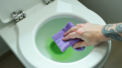 Cleaning Toilet Bowl With Purple Cloth