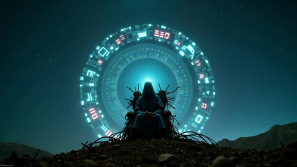 Oracle communicates cosmic knowledge surrounded by symbols under African stars