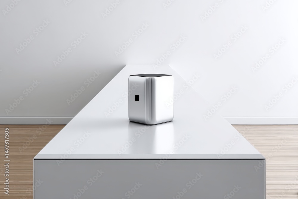 Poster modern minimalist design highlights a sleek metallic speaker on a simple white table in a bright, sp
