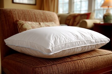 Fototapeta premium Soft white pillow resting on a cozy armchair in a well-lit living room
