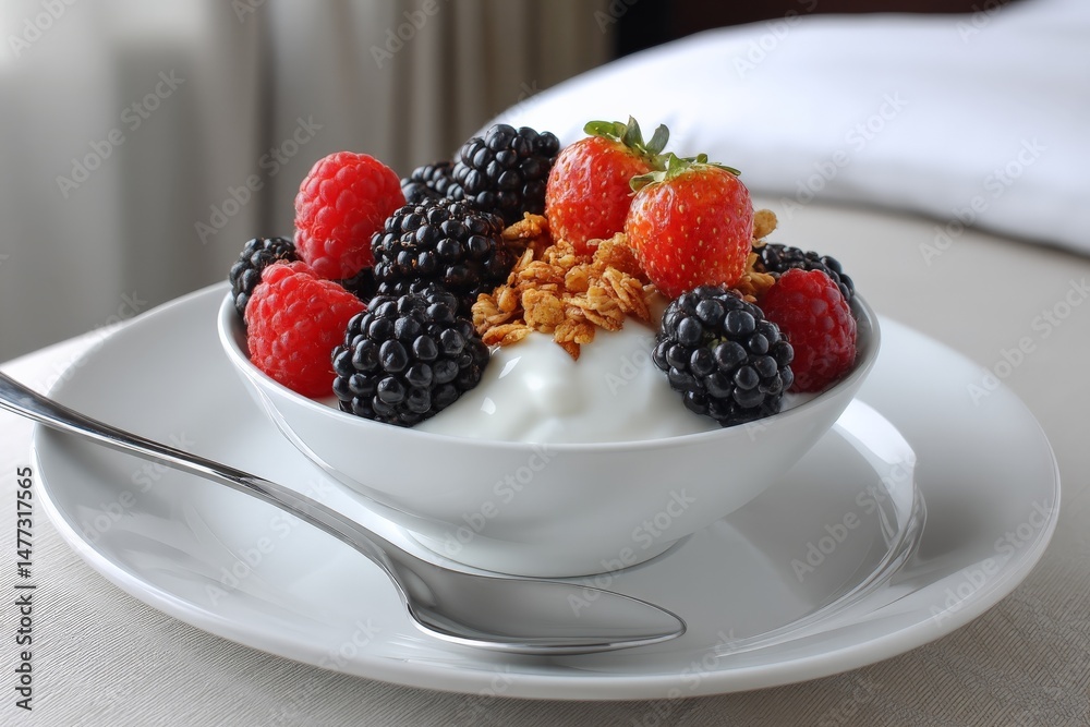 Aufkleber fresh yogurt bowl topped with mixed berries and granola served on a white plate in a cozy setting