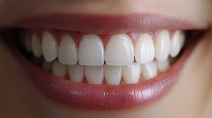 Fototapeta premium 白く整った歯と美しい笑顔をクローズアップで捉えた一枚。歯科医療やホワイトニング、口腔ケア、美容歯科などのコンテンツに最適です。