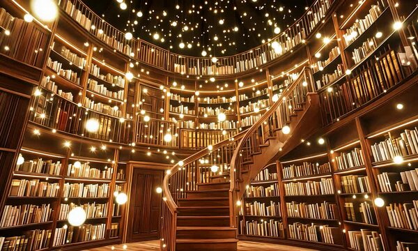 Enchanted library with spiral staircase and floating lights, creating a magical atmosphere