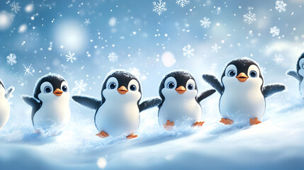 Obraz premium Playful Baby Penguins Sliding on Snowy Ground with Snowflakes Falling